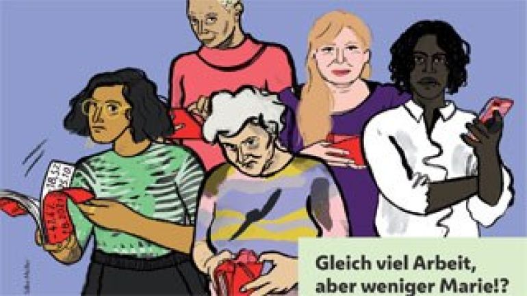 Gezeichnete Frauen mit Slogan "Gleich viel Arbeit aber weniger Marie?"