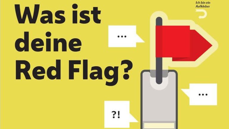 copyright: Stadt Wien Freecard: Was ist deine Red Flag? Illustration eines Handys aus dem eine rote Fahne wächst; dazu Sprechblasen mit "..." oder "?!"