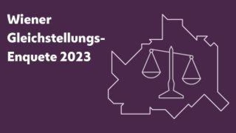 Sujet "Wiener Gleichstellungs-Enquete 2023"; Schematische Darstellung des Umriss von Wien, darin ein Waage