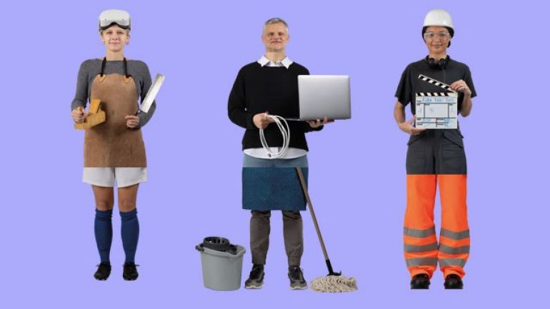 copyright: MA 57 3 Personen nebeneinander. Die Körper sind aus verschiedenen Berufsbildern zusammengesetzt: Person 1: Kopf: Hausmann, Oberkörper: Netzwerktechnikerin, Unterkörper: Hausmann. Person 2: Kopf: Game Designerin, Oberkörper: Tischlerin, Unterkörper: Profifußballerin. Person 3: Kopf: Prozess-Ingenieurin, Oberkörper: Regisseurin, Beine: Müllauflegerin