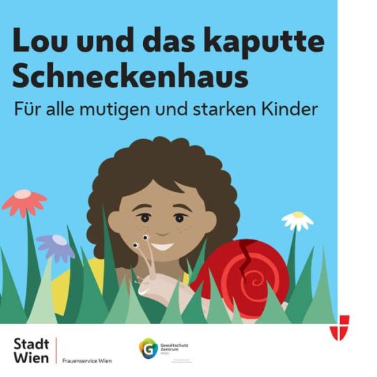Bunte Illustration eines Mädchens mit braunen Locken, das auf eine Schnecke mit rotem Schneckenhaus schaut. Das Schneckenhaus hat einen Riss.