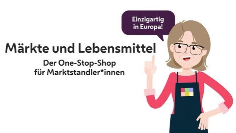 Grafische Darstellung einer Marktstandlerin mit violetter Sprechblase, daneben Schriftzug "Märkte und Lebensmittel", darunter "Der One-Stop-Shop für Marktstandler*innen"