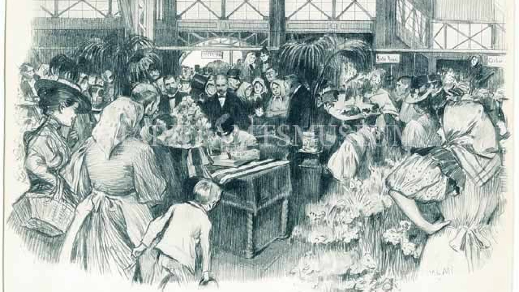 Zeichnung aus dem Jahr 1900: "Der Kaiser in der Markthalle" - Menschenmenge um den an einem Schreibtisch sitzenden Kaiser