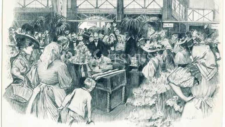 Zeichnung aus dem Jahr 1900: "Der Kaiser in der Markthalle" - Menschenmenge um den an einem Schreibtisch sitzenden Kaiser