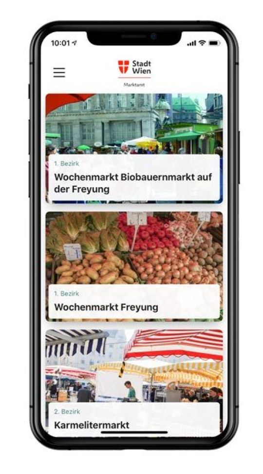 Smartphone mit Ansicht der "Wiener Märkte App"