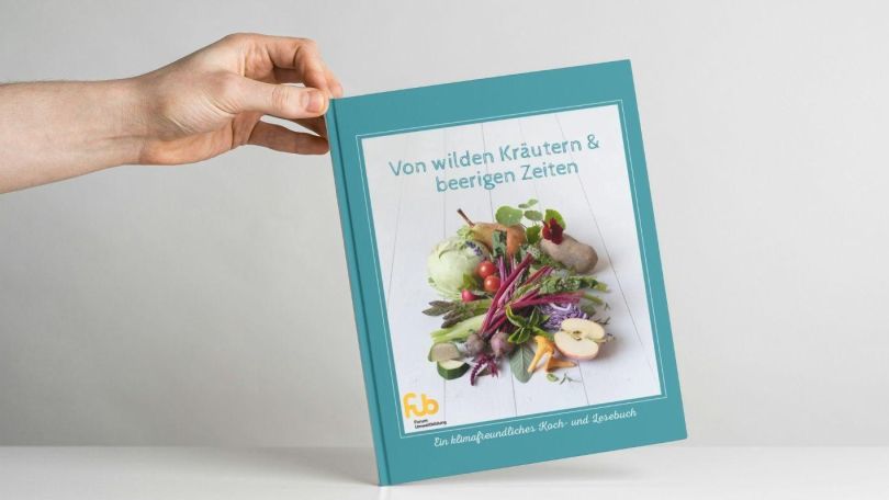Eine Hand präsentiert das Kochbuch "Von wilden Kräutern und beerigen Zeiten"