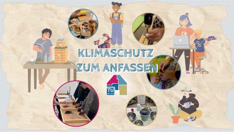 copyright: TU Wien Collage mit Bildern und Zeichnungen von Kindern und Erwachsene, die etwas Basteln, in der Mitte steht "Klimaschutz zum Anfassen"