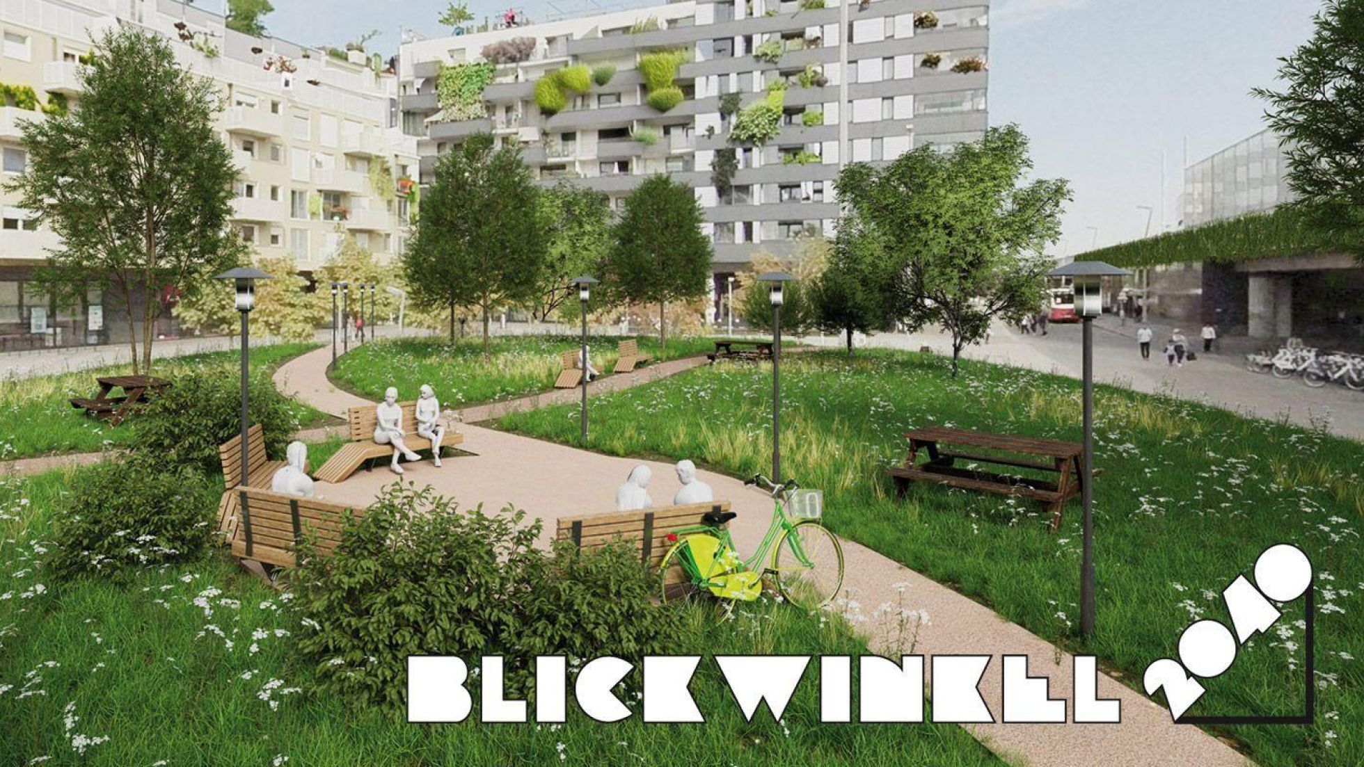 Park in einem Innenhof mit verschiedenen Sitzmöglichkeiten im Stil eines Computerspiels