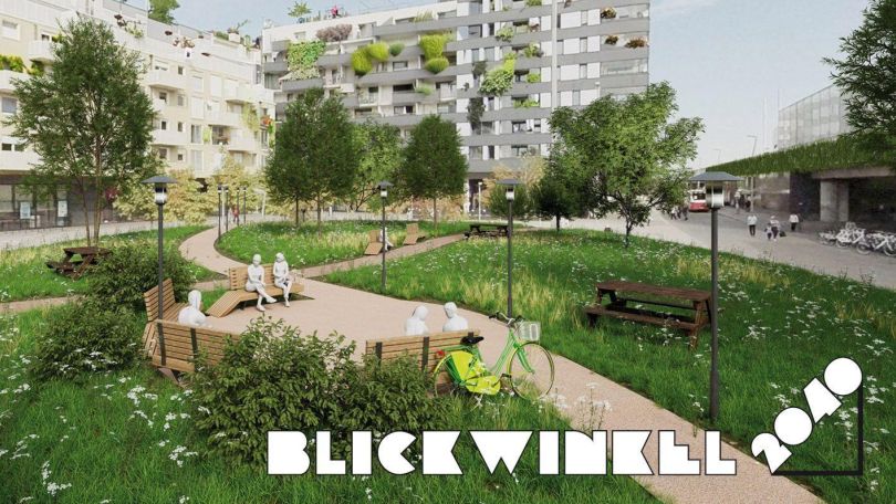 copyright: Blickwinkel 2040 Park in einem Innenhof mit verschiedenen Sitzmöglichkeiten im Stil eines Computerspiels