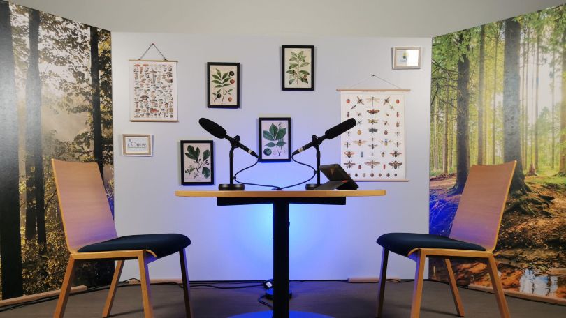 Tisch mit 2 Tischmikrophonen und 2 Sesseln