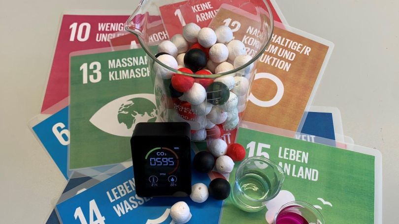 Ein Reagenzglas mit weißen, roten und schwarzen Kugeln, ein CO2-Messgerät und verschiedene bunte Karten liegen auf einem Tisch.
