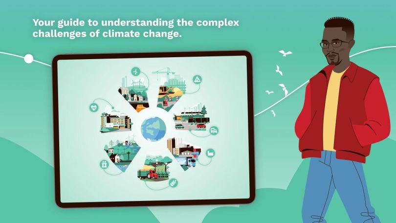 Ein Mann steht vor einem Bildschirm mit der Grafik einer Weltkugel und verschiedener Detailausschnitte, darüber steht "Your guide to understanding the complex challences of climate change".