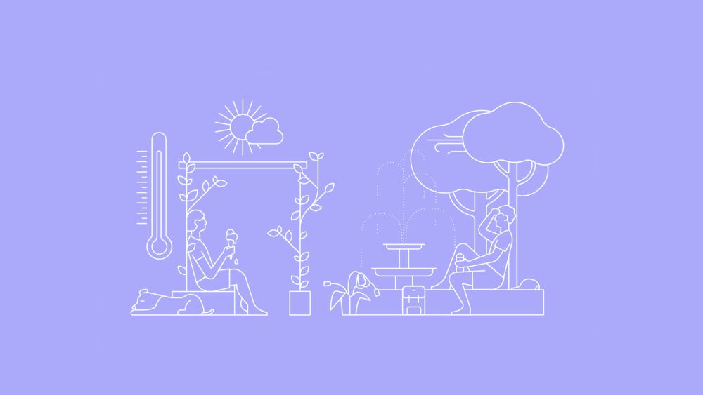 copyright: Stadt Wien Weiße Grafik auf lila Hintergrund: Eine Person sitzt mit einem Eis unter einer Laube, daneben liegt ein Hund. Eine andere Person sitzt unter einem Baum neben einem Trinkwasserbrunnen. Die Sonne scheint. Auf der rechten Seite ist ein großes Thermometer eingezeichnet.