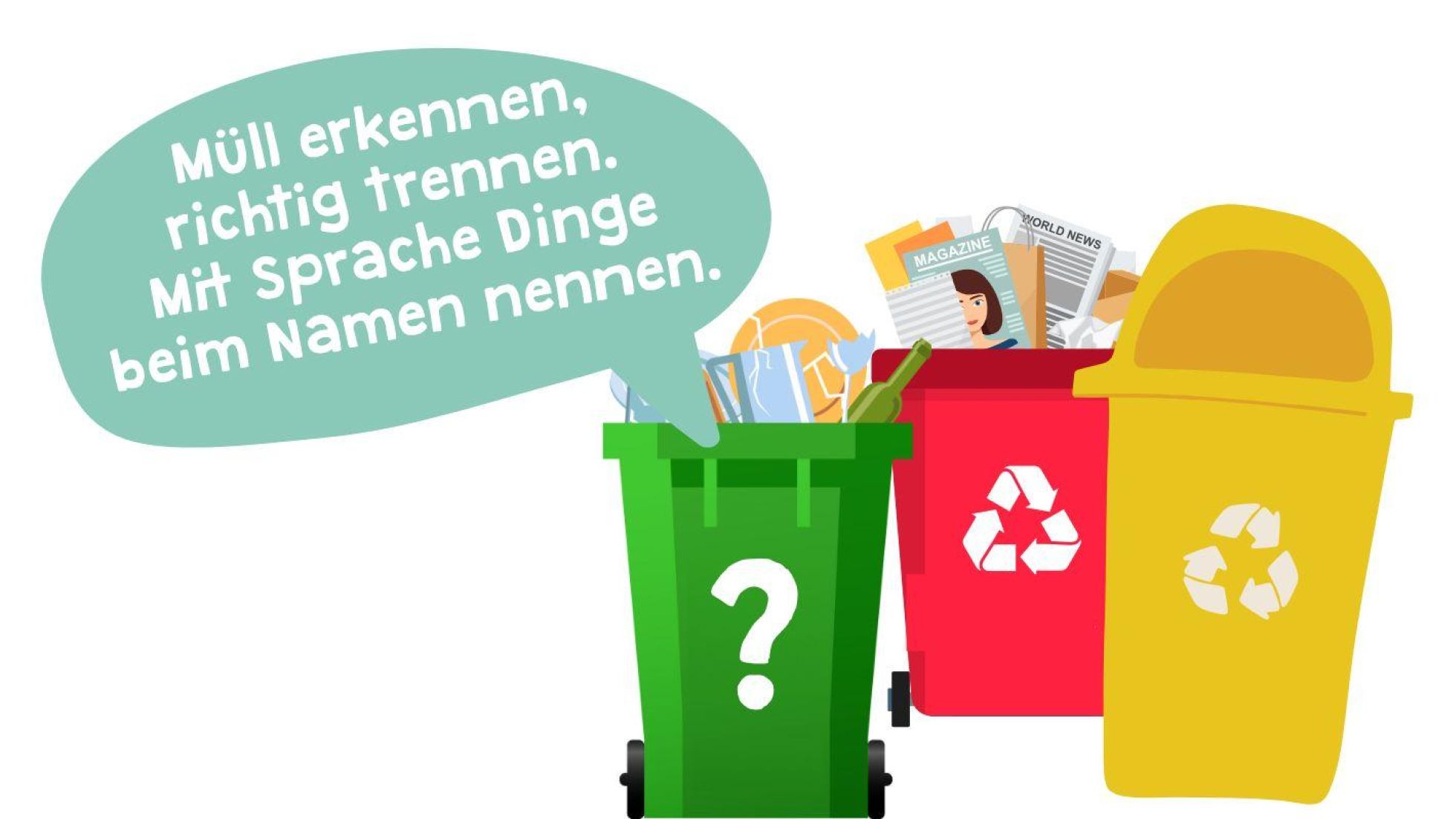 3 gezeichnete Mistkübel in verschiedenen Farben und mit unterschiedlichen Symbolen.