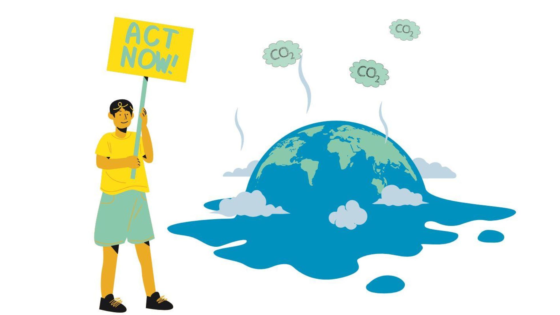 Ein Mensch hält ein Schild mit dem Slogan "Act Now" in die Höhe, dahinter schmilzt der Planet dahin.