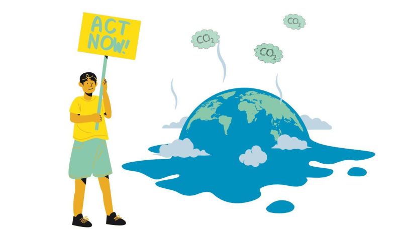 Ein Mensch hält ein Schild mit dem Slogan "Act Now" in die Höhe, dahinter schmilzt der Planet dahin.