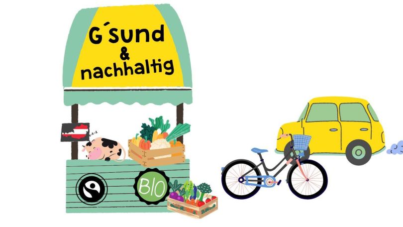 copyright: Umblick Ein Marktstand mit Obst, Gemüse und verschiedenen Siegeln für Bio, Herkunft und Fairtrade.
