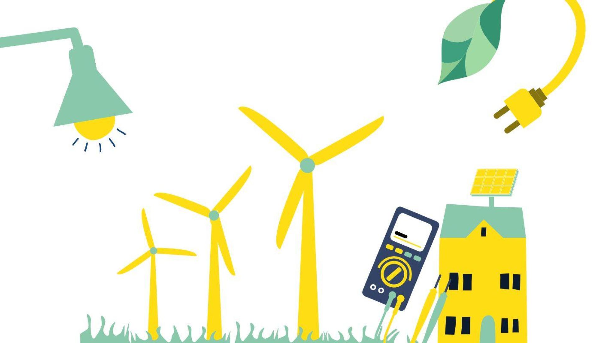 3 Windräder drehen sich. Eine Lampe leuchtet, ein technisches Gerät wird aufgeladen und auf einem Hausdach ist eine Sonnenstrom-Anlage montiert.