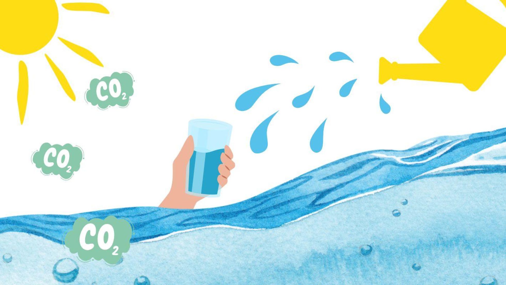 Aus dem Meer erstreckt sich ein Hand, die ein Glas Wasser hält. Aus einer Gießkanne fließt Wasser, die Sonne scheint.