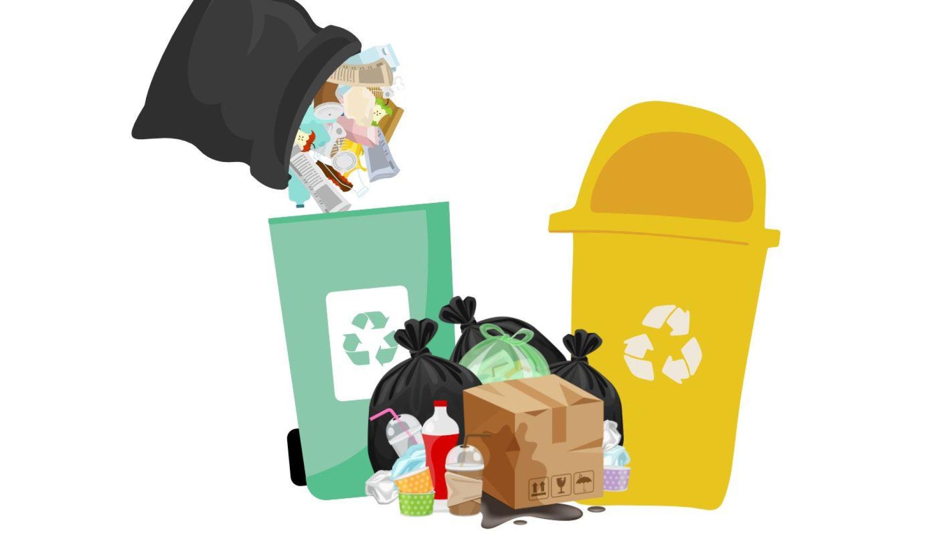 Vor einer gelben und einer grünen Mülltonne liegt verschiedener Müll.