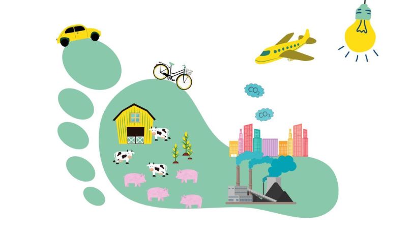 Auf einem Fußabdruck-Bild sind ein Haus, ein Auto, ein Flugzeug, eine Stadt, eine Fabrik, eine Glühbirne sowie mehrere Kühe und Schafe eingezeichnet.