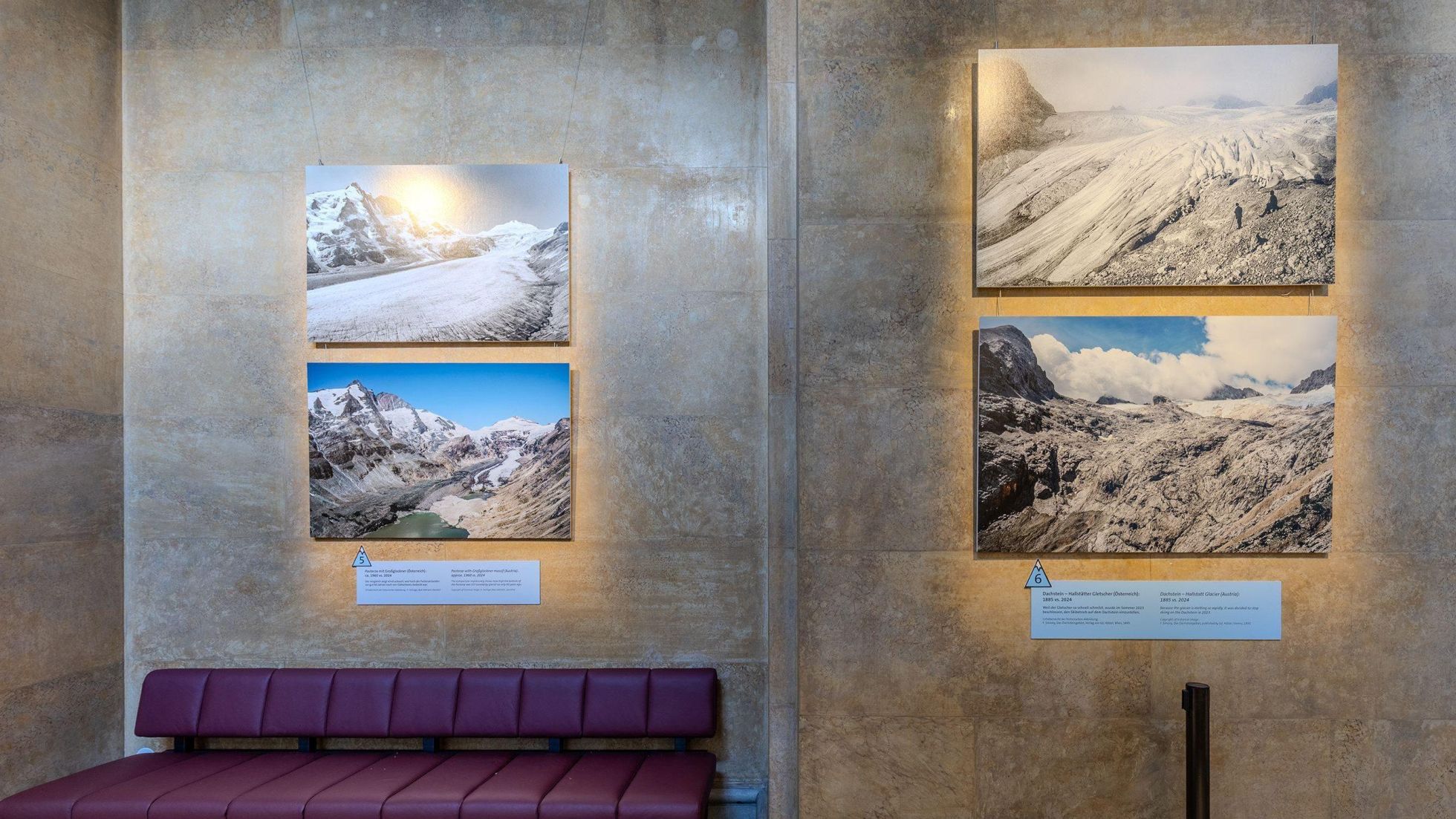 In einem Ausstellungsraum hängen 4 Bilder von Gletschern an der Wand. Die beiden oberen Bilder sind historische Aufnahmen, die beiden unteren Bilder zeigen die Gletscher heute.