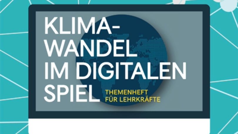 copyright: Zentrum polis/Susi Klocker Auf einem Laptop-Bildschirm steht "Klimawandel im digitalen Spiel. Themenheft für Lehrkräfte".
