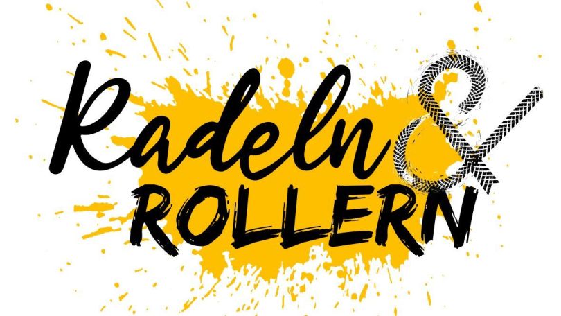 copyright: Wiener Gesundheitsförderung - WiG Schwarzer Schriftzug "Radeln und Rollern" auf gelb-weißem Hintergrund.