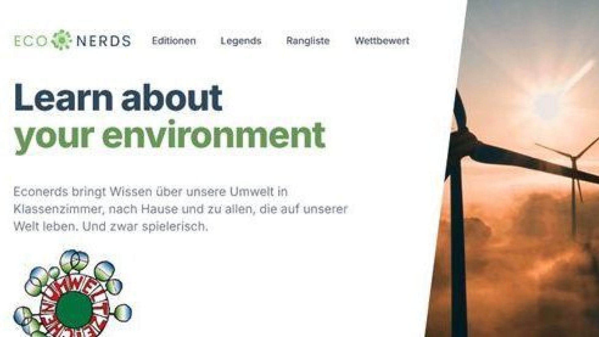 copyright: Econerds Text "Eco nerds. Learn about your environment", Bild mit Windrädern, Logo des österreichischen Umweltzeichens.