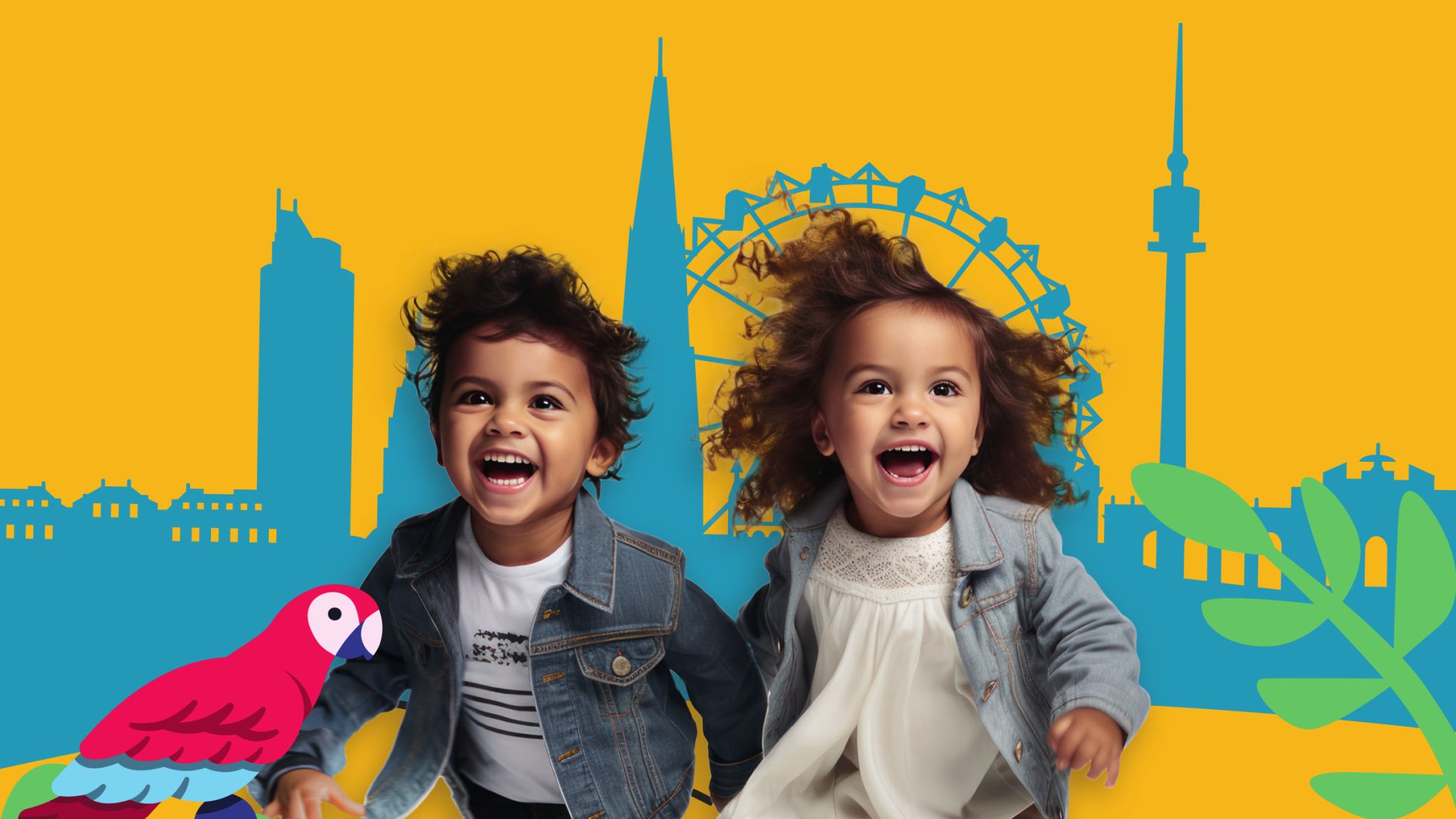 copyright: Mobilitätsagentur Wien Zwei freudige Kinder vor einer gezeichneten Skyline von Wien.