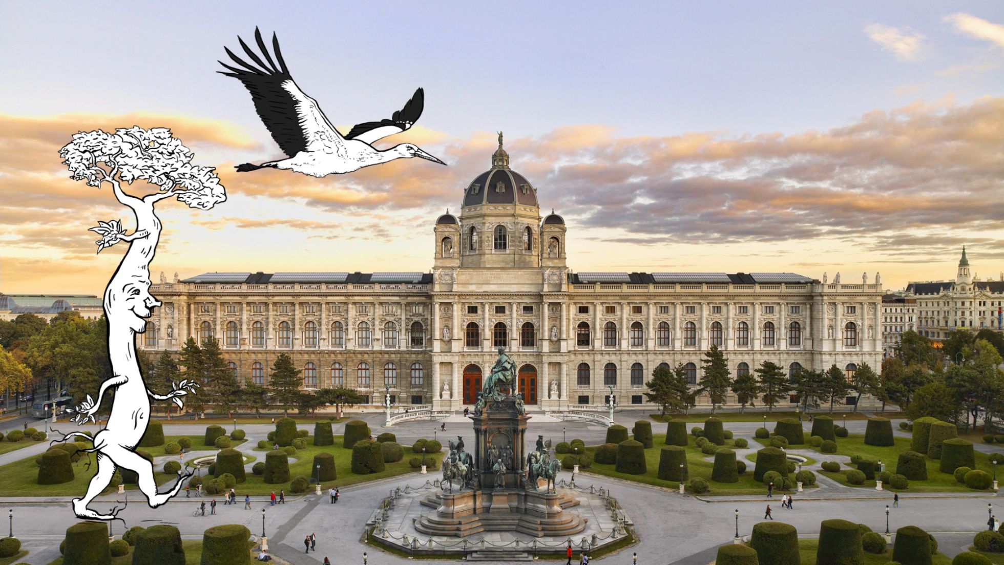 copyright: KHM-Museumsverband Foto-Montage von Maria-Theresien-Platz und Kunsthistorischem Museum, davor spaziert ein Baum mit Gesicht vorbei und ein Kranich fliegt über den Platz.