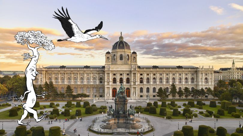 copyright: KHM-Museumsverband Foto-Montage von Maria-Theresien-Platz und Kunsthistorischem Museum, davor spaziert ein Baum mit Gesicht vorbei und ein Kranich fliegt über den Platz.