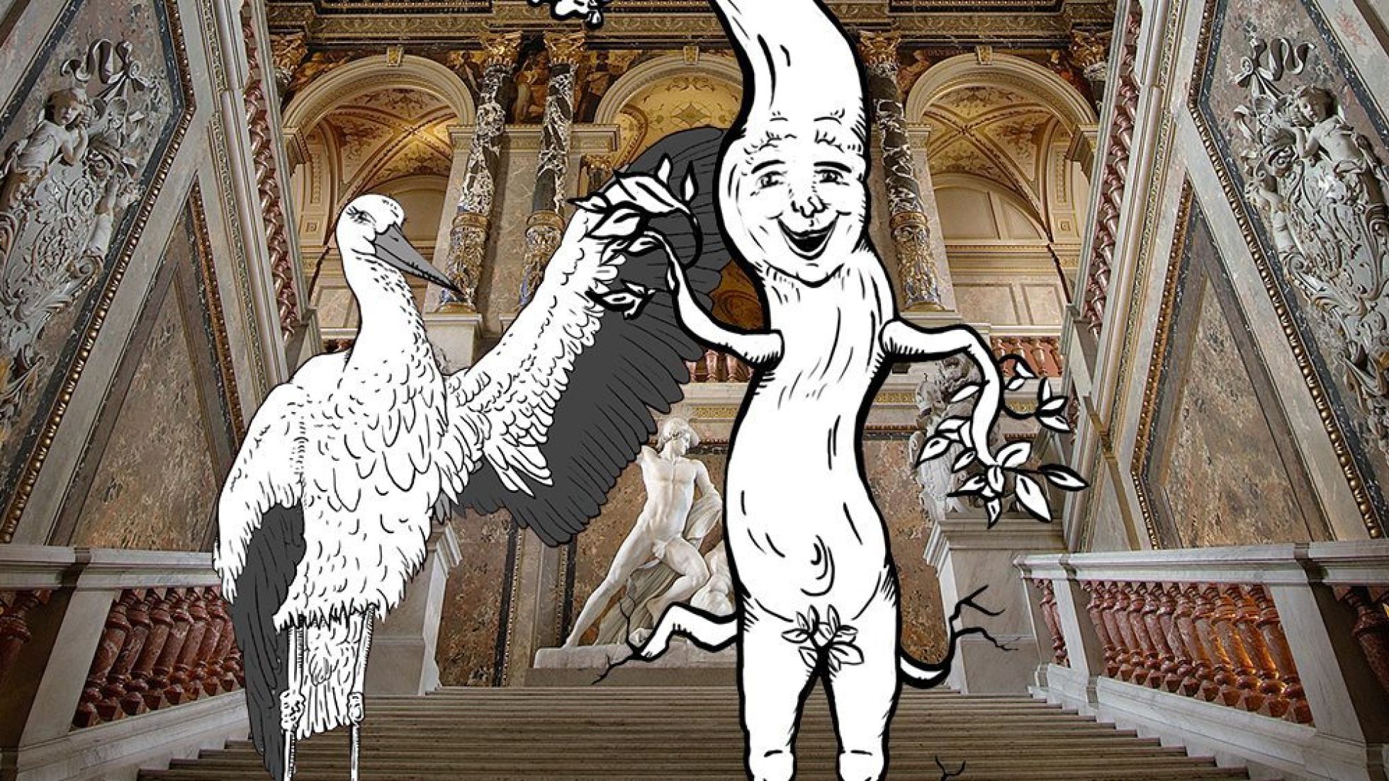 copyright: KHM-Museumsverband Ein gezeichneter Kranich und ein gezeichneter Baum mit Gesicht stehen auf der Treppe im Kunsthistorischen Museum.
