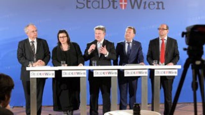 copyright: PID / Christian Jobst Bürgermeister Michael Ludwig mit Stadträtin Veronica Kaup-Hasler, Uni-Wien-Rektor Heinz Engl, MODUL-University Vienna Rektor Karl Wöber und Wilhelm Behensky von der FH Campus Wien