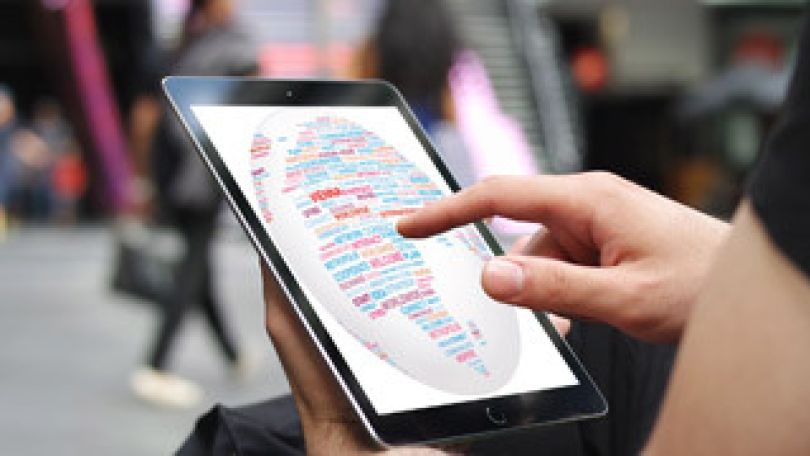 Tablet showing a tag cloud on its display