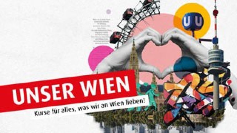 copyright: VHS Wien / Shutterstock & istock Logo aus Riesenrad, U-Bahn-Würfel, Donauturm, Rathaus und Händen, die sich zu einem Herz formen