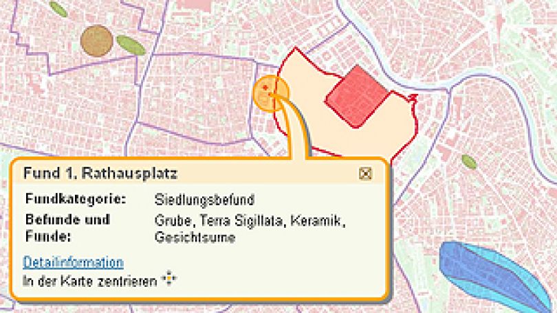 copyright: ViennaGIS Stadtplanausschnitt mit Informationsfeld zu archäologischen Fundstellen