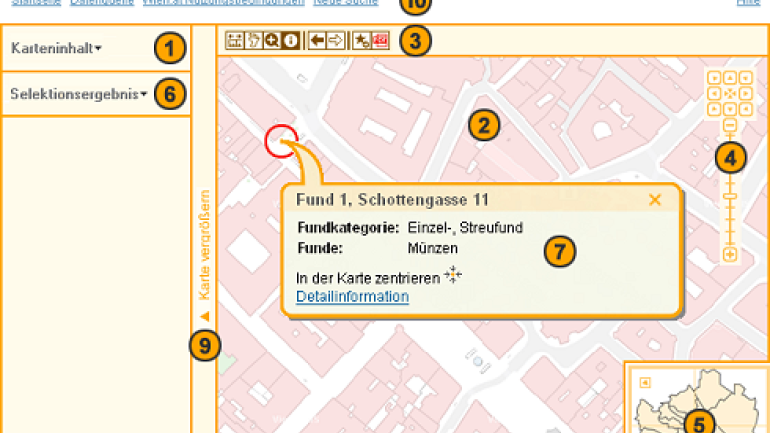 Screenshot Kulturgut mit Nummer-Symbolen bei den einzelnen Bereichen