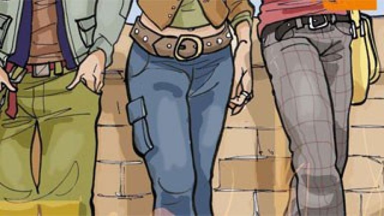 Grafische Darstellung von 3 Menschen, die nebeneinander stehen. Man sieht nur die Beine.