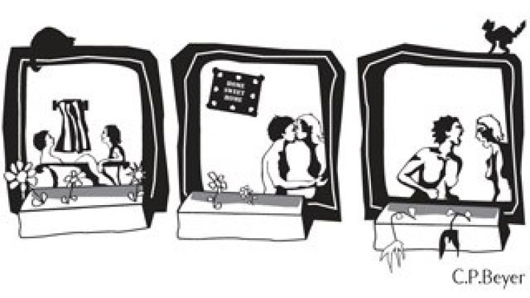 Drei grafische Darstellungen von zwei Frauen: in der Badewanne, küssend und streitend.