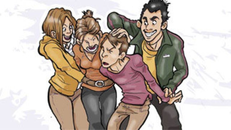 Grafische Darstellung wie 3 Menschen einem anderen Menschen Gewalt antun