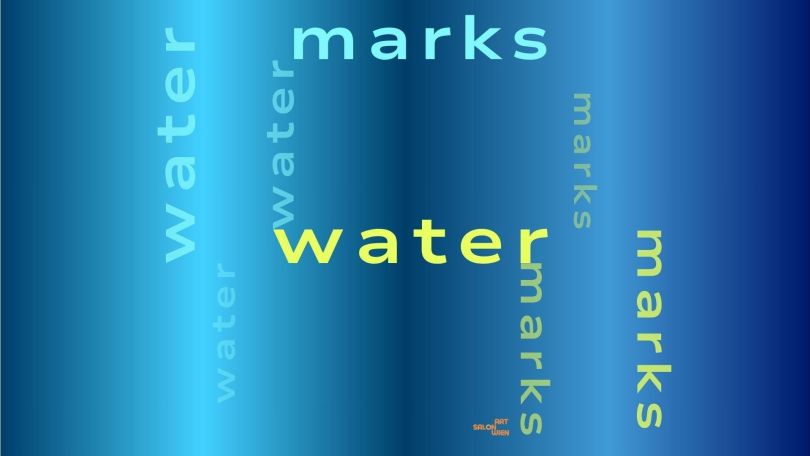 copyright: ArtSalonWien Blaue Grafik mit den Wörtern "water" und "marks" in verschiedenen Größen. Das Wort "water" steht groß und gelb in der Mitte.