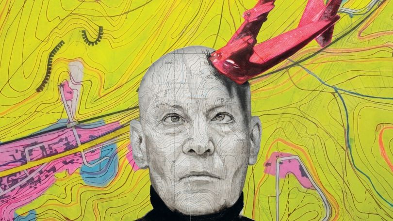 Surreale Darstellung eines männlichen Kopfes mit darin steckendem Flugzeug