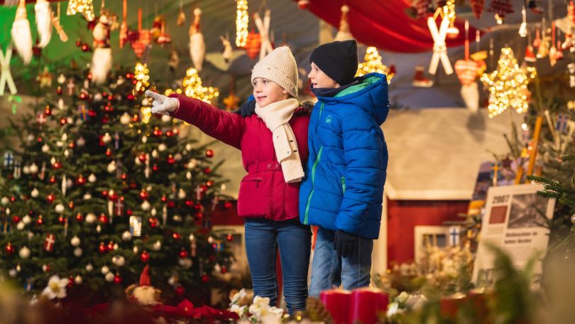 copyright: Wiener Stadtgärten/Bohmann 2 Kinder betrachten die Weihnachtsaustellung in den Blumengärten Hirschstetten.