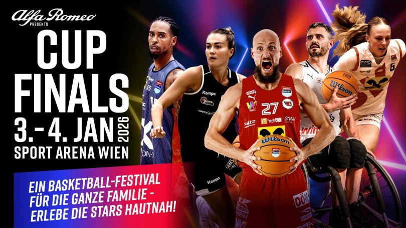 Plakat Basketball CUP FINALS 2026 mit 5 Basketballspieler*innen