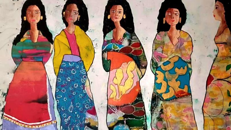 Bild mit ausdrucksstarken Frauen in bunten Farben.