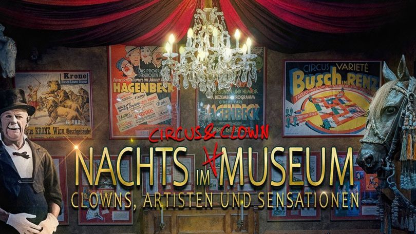 copyright: Circus- & Clownmuseum Illustration von einem Circuszelt, Luster, Flyer an den Wänden, Clown und Pferd davor sowie Text