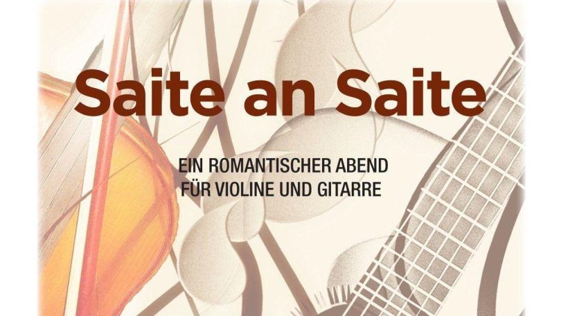 copyright: Kunst- und Kulturverein TAKE 5 Text "Saite an Saite" auf gezeichnetem Hintergrund mit Elementen einer Gitarre und einer Geige