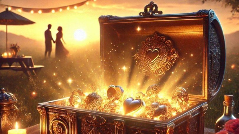 copyright: Urban Escape Games Geöffnete gefüllte Schatztruhe, dahiner sieht man einen Sonnenuntergang mit einem Pärchen