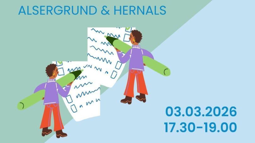 Ausschnitt aus dem Fyler zur Veranstaltung Schreibwerkstatt mit gezeichneten Personen, die mit einem großen grünen Stift auf ein Blatt schreiben